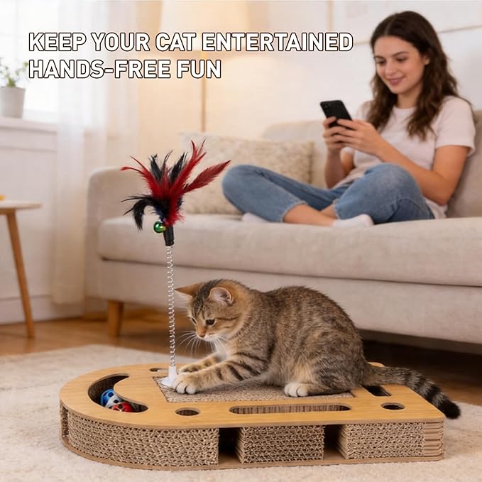 OHMU Cat Scratch Puzzle Enrichment Box, Cat Nail File Enrichment Box, Wooden Cat Puzzle Toy with Jingle Balls, Wands, Cleaning Brush for Indoor Cats