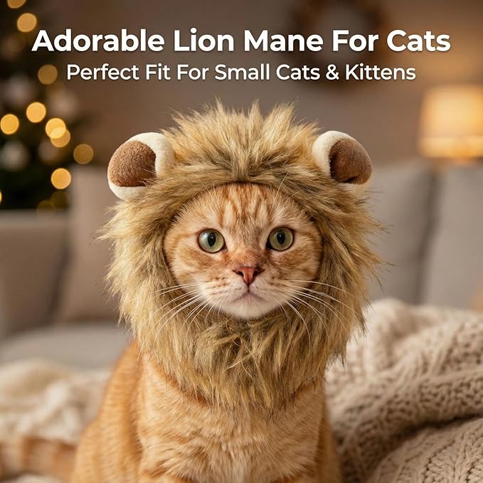 Adjustable Lion Mane Wig Pet Costume for Cats, Soft Halloween Cat Clothing with Secure Fit, Comfortable Polyester Feline Apparel for Parties, Fun Photo Sessions with Adorable Cat Costumes (Size M)