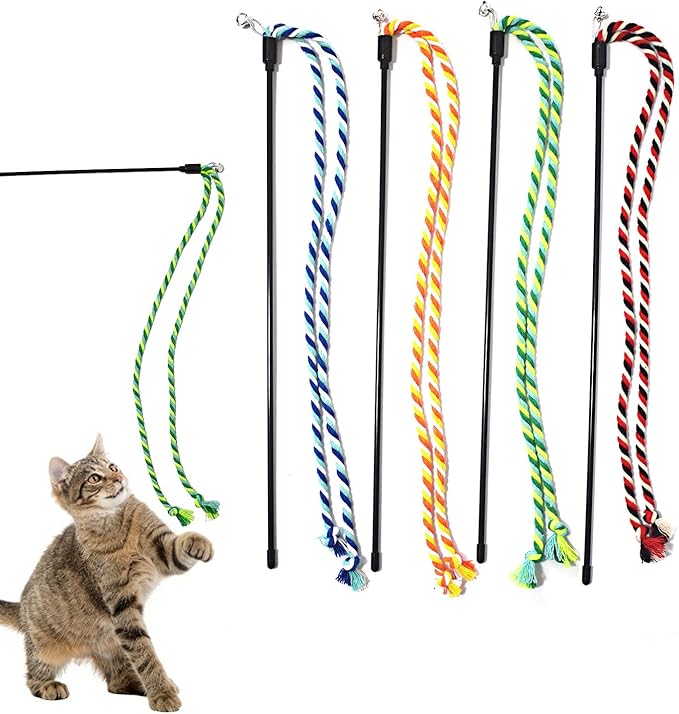 IUHKBH Cat Wands, 4 PCS Colorful Rope Cat Toys Flexible Teaser Wands Interactive Kitten String Wands, Safe Kitty Toys for Indoor