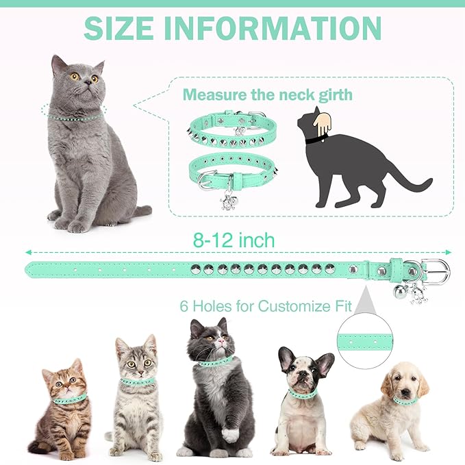 Leather Cat Collars for Boy Girl Cats with Bell and Safety Elastic Belt, Personalized Rivets Stud Adjustable Safe Buckle Collar with Skull Charm for Kitty Small Pets, Halloween Cat Collar