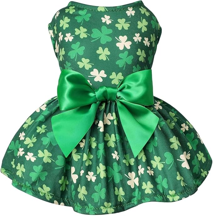 Idepet St. Patrick's Day Dog Dress with Bow Dog Tulle Skirt for Small Dog Girls Green Puppy Dress Cat Apparel Pet Holiday Outfits (Green, Small)