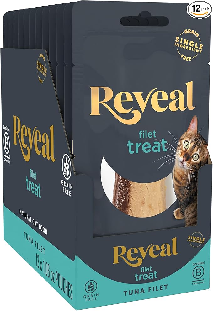 Reveal Natural Whole Protein Fillet Cat Treats, Single Ingredient, Grain Free, High Protein Treats for Cats, for Training, Treating, or Snacking, Whole Tuna Loin (12 x 1.06 oz Loin)