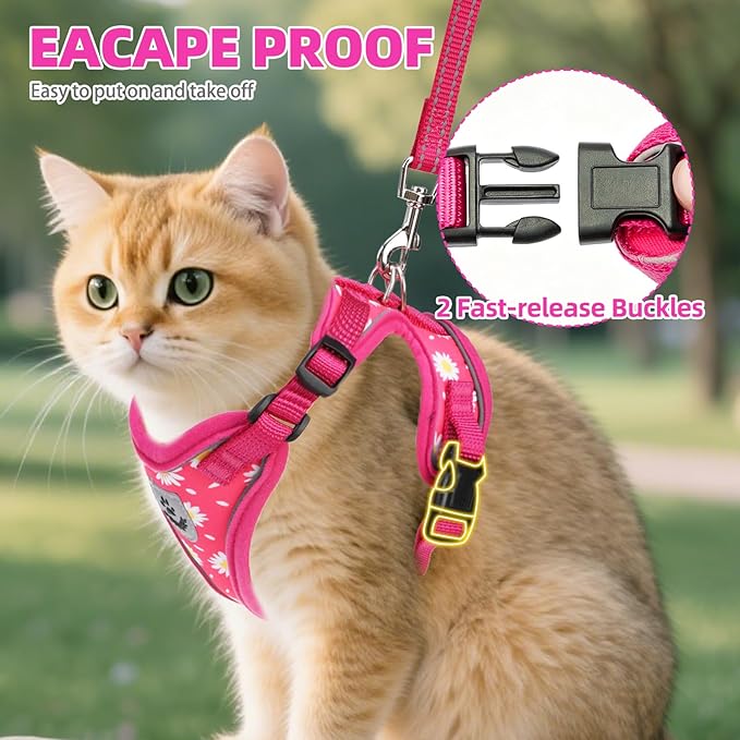 PUPTECK Cat Harness and Leash Set Escape Proof Reflective Cat Walking Harness Adjustable Soft Breathable Mesh Vest for Small Pets, Fuchsia Dasiy, M