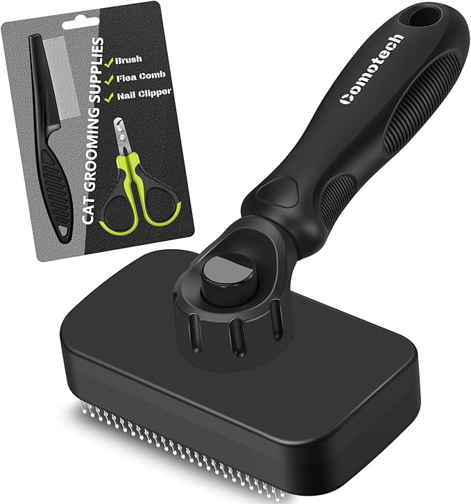 Comotech 3PCS Cat Grooming Supplies, Cat Brush & Nail Clipper/Trimmer & Flea Comb for Shedding Indoor Cats Essentials Stuff Accessories (Black)