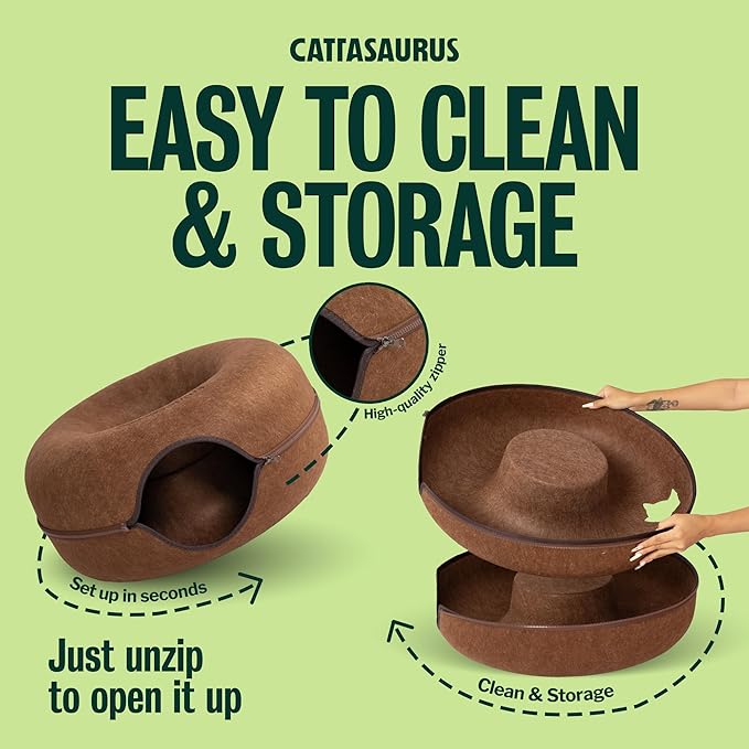 Cattasaurus Peekaboo Cat Cave Donut for Multiple & Large Cats up to 30-45 lbs, 3-in-1 Self Warming Cat Bed, Tunnel & Scratcher for Indoor Cats, Washable & Detachable Small Dog Bed (Brown, Large)