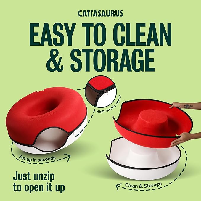 Cattasaurus Peekaboo Cat Cave Donut for Multiple & Large Cats up to 30-45 lbs, 3-in-1 Self Warming Cat Bed, Tunnel & Scratcher for Indoor Cats, Washable & Detachable Dog Bed (Ruby Snowball, Large)
