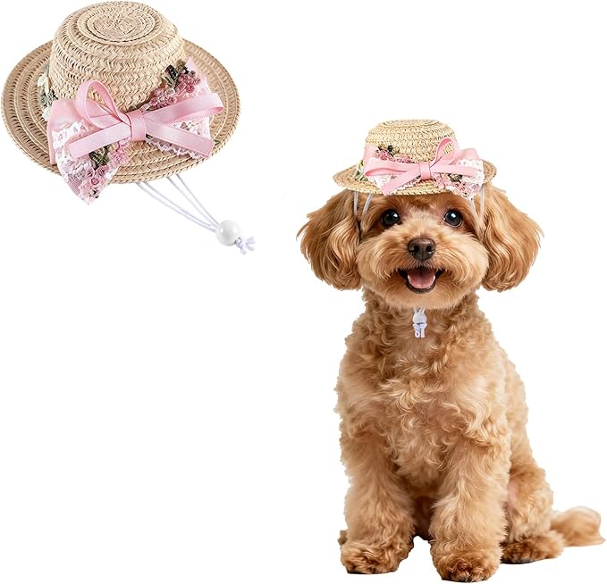 NACOCO Cat Hat Sunflower Straw Hat Handcrafted Rose Lovely Sun Cap Accessories for Small Dogs and Cats Photograph (S, Pink Flower Fairy)