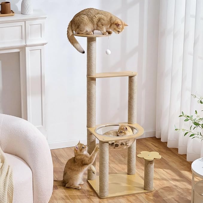 31 Inch Cat Tree,Solid Wood Cat Tree, Multi-Level Cat Tower with Cat House, Sisal Scratching Posts, Teaser Ball, Indoor Cat Condo for Active Cats for Kittens and Cats - Walnut