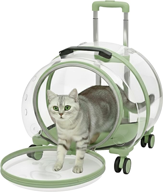 Hard Shell Cat Carrier with Wheels, Rolling Cat Travel Carrier with Telescoping Handle, Transparent Pet Carrier for Cats (Green)