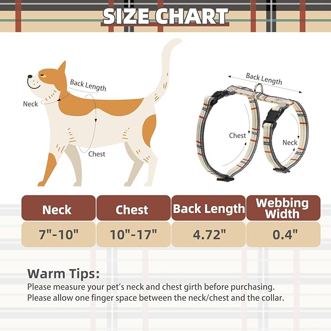 PUPTECK Adjustable Cat Harness and Leash Set Escape Proof Kitten Strap Collar for Walking Travel, Beige Plaid