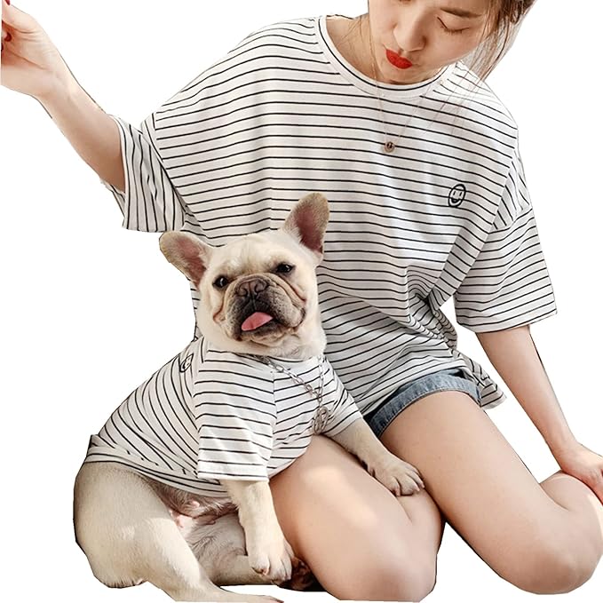 White Striped Matching Dog and Owner Clothes, Cotton Pet and Owner Coordinating Outfit with Embroidered Smiley Face Separately Sold,Family Matching Pajamas for Dogs Puppies (Pet XL)