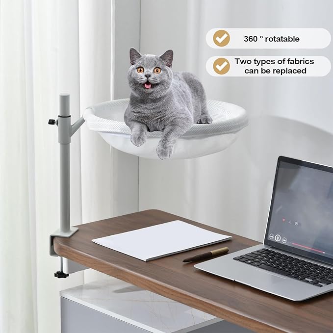 Desk Cat Bed Hammock, 360 Rotating Cat Nest Seat, Space Saving Pet Bed Mounted On Table with Washable Cushion Cover, Modern Cats Furniture for Home Office Setup Desktop Use