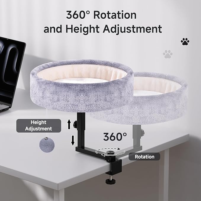 Chumajor Cat Desk Bed - 360° Rotating & Adjustable, Supports 50 lbs, Soft Faux Fur with Dual-Sided Reversible Mat, Modern Indoor Cat Nest Furniture for Office Desks and Game Tables, Island Table