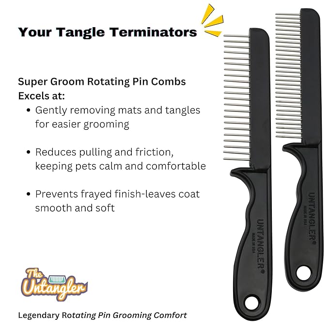 2 PC Super Groom Dematting Set with Silky Smooth Rotating Teeth - Dematts and Grooms Long, Silky and Wavy Coats for Dogs and Cats