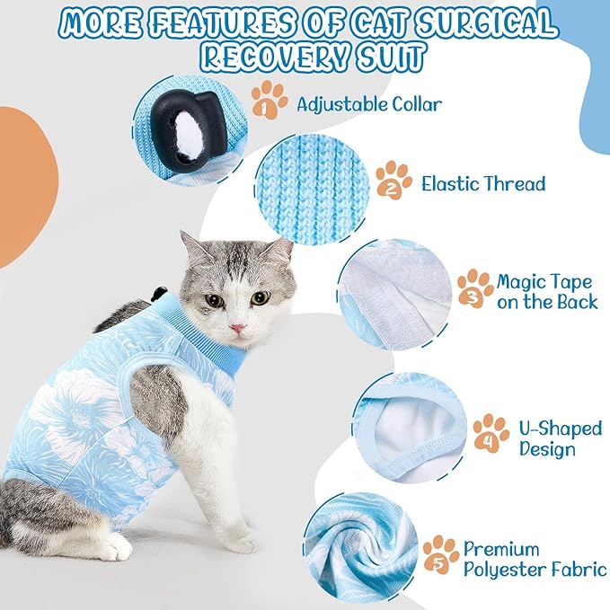 SlowTon Cat Recovery Suit - Cat Onesie for Cats After Surgery Female Male, Kitten Clothes Cats Surgical Spay Suit Abdominal Wounds, E-Collar Alternative Bodysuit Shirt Anti-Licking (Blue Flower,S)