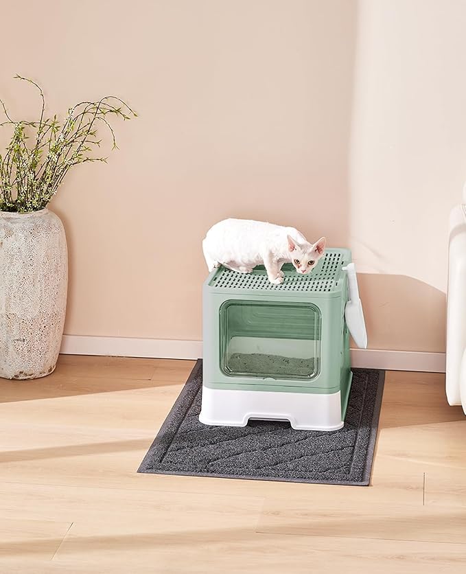 Medario Cat Litter Box with X-Large Litter Mat and Scoop, Large Covered Litter Box with Lid, Enclosed Kitty Box,Front Top Entry Exit, Odor Control Easy to Clean (Upgrade Green)