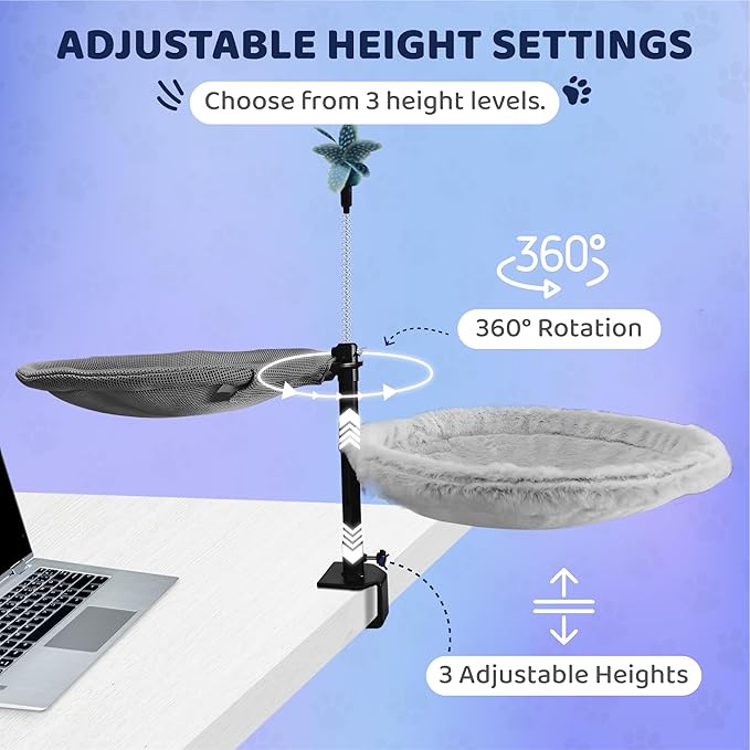 2-Tier Cat Desk Bed – Dual Hammock Desk Mounted Perch for 1–2 Cats, Space-Saving Shelf with Soft Plush & Breathable Mesh Pads, Adjustable Height, Feather Toy Included