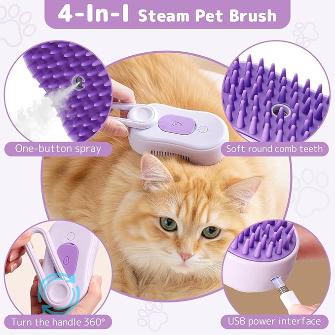 2-Pack Steam Brush for Cats& Dogs,Pet Steam Brush,4-in-1,Rechargeable Grooming Tool for Cats & Dogs, Anti-Static Design, Delivers Massage, Deep Cleansing, Shedding Control & Styling(Orange, Purple)
