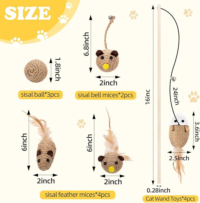 Leitee 16 Pcs Cat Interactive Toys Set Wooden Cats Teaser Wand Toy with Feather Handle Chew Rope Mouse Sisal Balls with Bells for Indoor Kitten Play Chase Exercise (Wooden Cat Wands Toys)