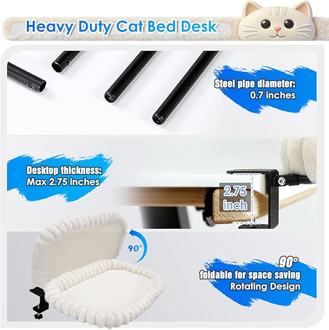 IPOW Cat Bed Heavy Duty Steel Frame Supports up to 40lbs Cat Desk Bed & Perch Space-Saving 91°Foldable with Soft Ultra-Plush Faux Fur for Small Medium Large Cats