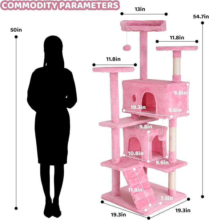 Cat Tree Tower 54" Tall - Indoor Cat Tree with Sisal-Covered Scratching Posts, Cozy Condo, Hammock, Dangling Toy & Expanded Perch Platform - Cat House Furniture for Large Cats - Pink