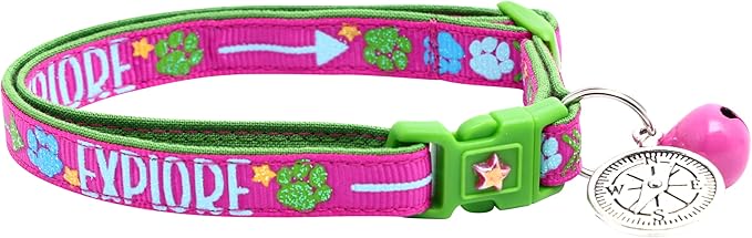 Explore Cat Collar with Charm & Bell | Safety Breakaway Collar | Adjustable Large Size or Kitten Collar (Pink, Large(10lbs & Up))