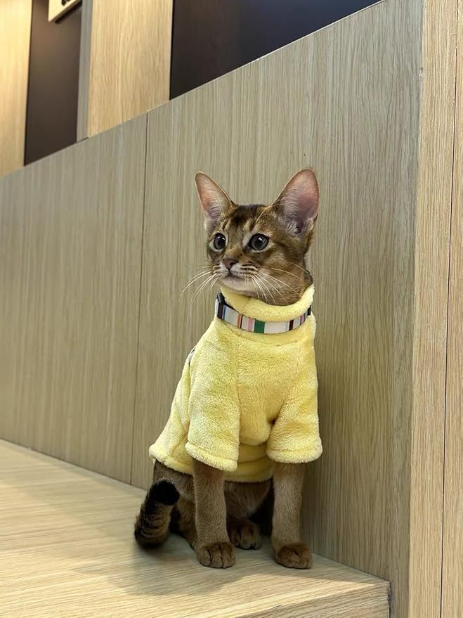 Sphynx Cat Clothes Winter Turtleneck Soft Coral Fleece Cat Clothes Thicken Warm Pajamas Coat for Hairless Cats and Small Cat Apparel with Sleeves (Lemon Yellow, XL (9.3-12.7lbs)