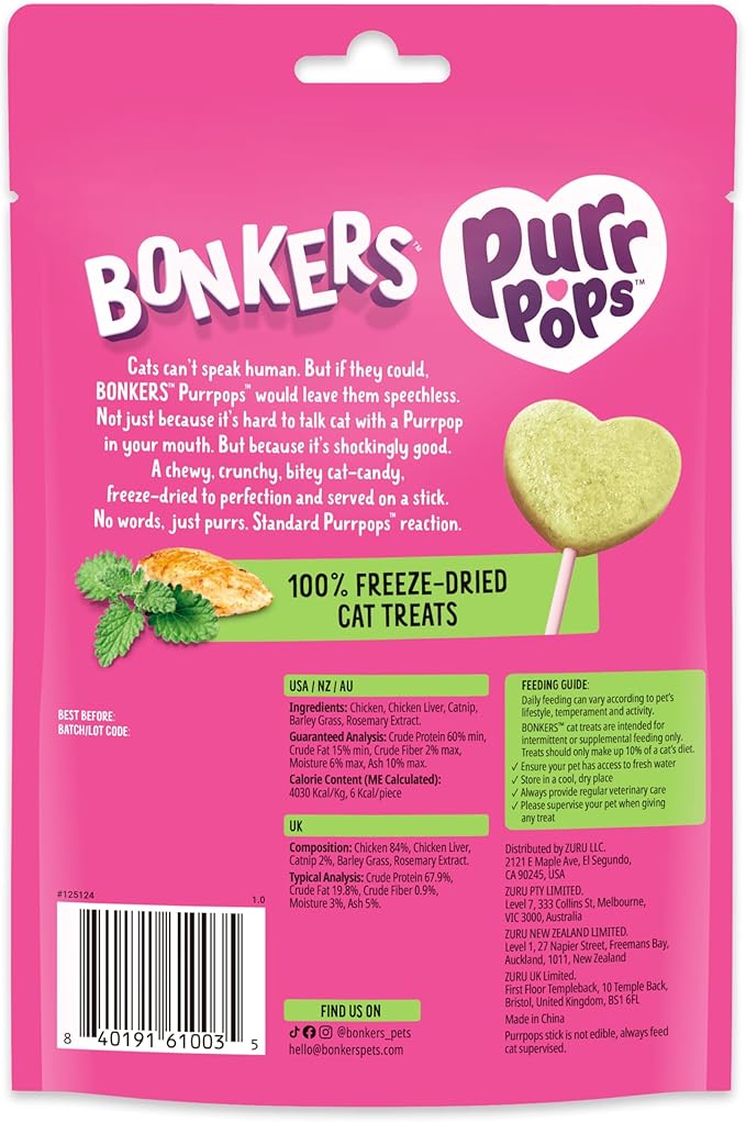 Bonkers Purrpops Freeze-Dried Catnip Flavored Lollipop Treats for Cats, 4 Pack (Pack of 13)