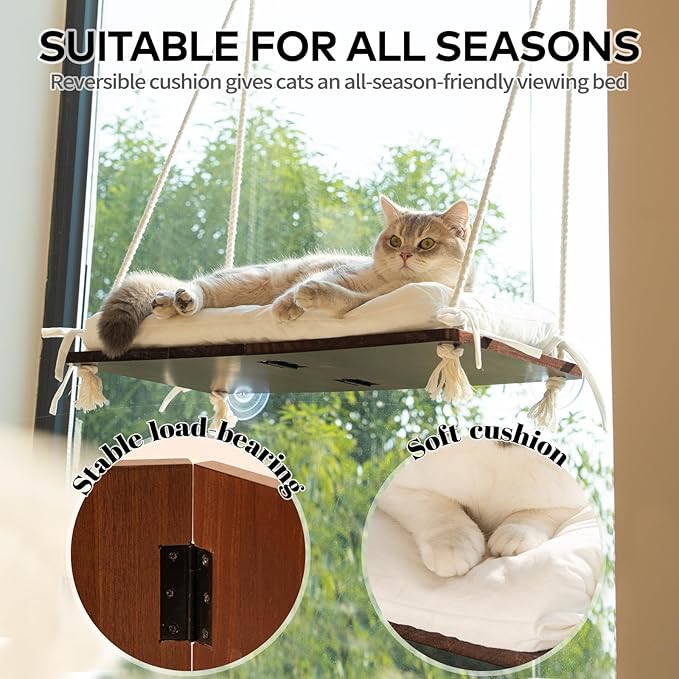 CHEERPALS Cat Window Perch for Indoor Cats, Wooden Cat Bed for Window with Washable Cushion, Hanging Kitty Hammock Suitable for Small-to-Large Cats