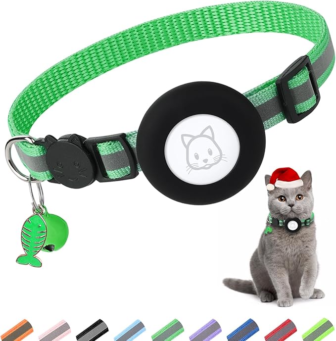 Airtag Cat Collar, Air tag Cat Collar with Bell and Safety Buckle in 3/8" Width, Reflective Collar with Waterproof Airtag Holder Compatible with Apple Airtag for Cat Dog Kitten Puppy (Green)