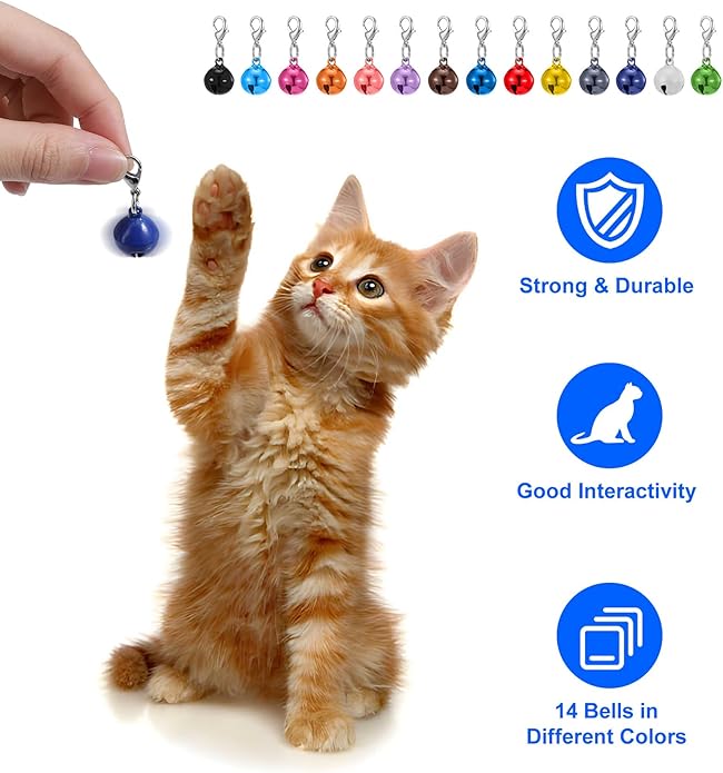 14 Pack Cat Collar Bells Only, Cat Bells for Collar with Keychain, Loud & Lightweight for Puppy, Kitten & Small Pets