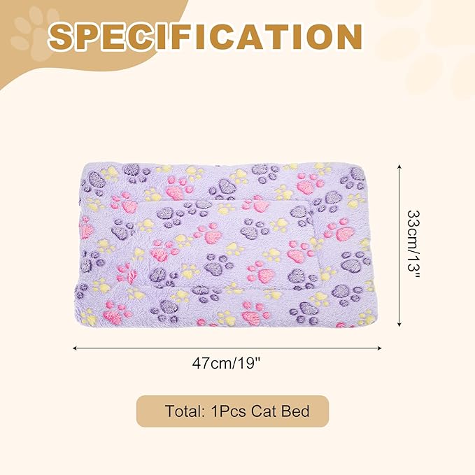 Dog Cat Bed Mat, Soft Coral Fleece Pet Cushion Pad with Cute Paw Print, Warm Washable Pet Bed 19x13 Inches, (Purple), Intended for Medium Small Dog Cat