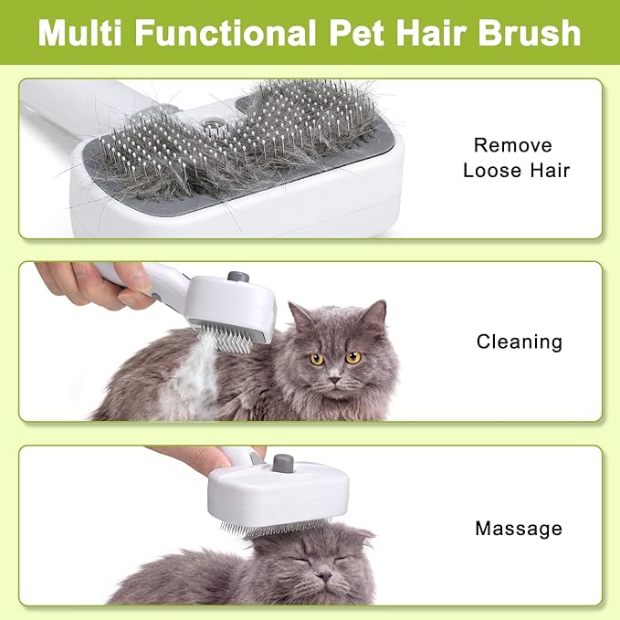 Pet Steam Brush, 3-in-1 Cat and Dog Grooming Brush for Shedding, Pet Hair Cleaning, Massage, Self Cleaning Spray Comb for Long and Short Hair (White)