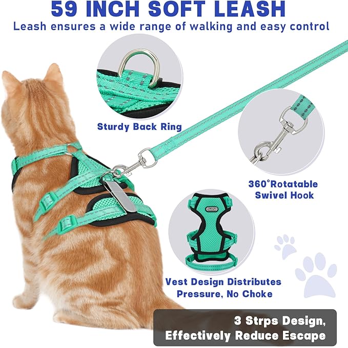Cat Harness for Walking, Escape Proof Cat Harness and Leash Set with Reflective Strip, Adjustable Cat Leash Breathable Soft Vest for Small to Large Cats, Green, M