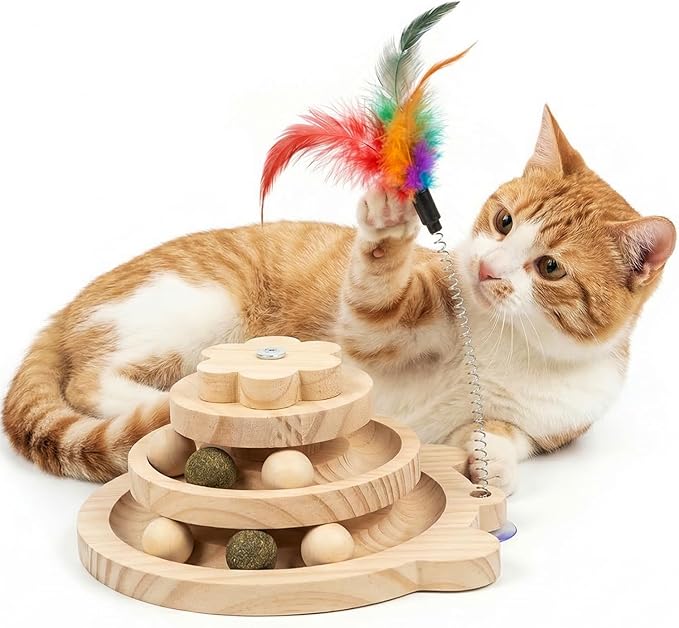 Interactive Wooden Cat Toy with Catnip Balls & Spring Feather Wand, 3-Tier Pine Wood Track Ball Tower for Indoor Cats, Kitten Mental Stimulation & Exercise Play Set
