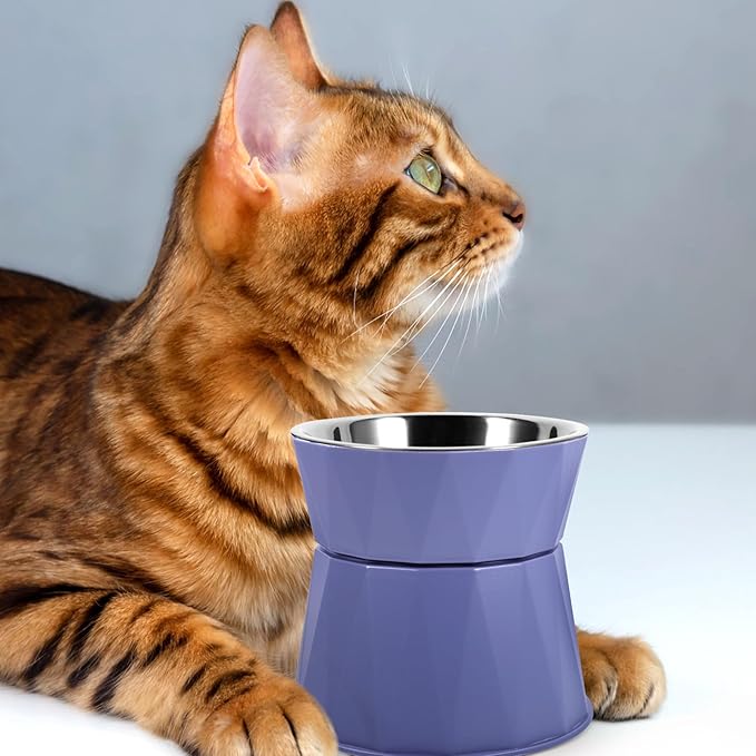 Kisangel Elevated Cat Bowl Adjustable Raised Pet Feeder with Non-Slip Support Stand in Blue for Indoor Cats Feeding and Watering