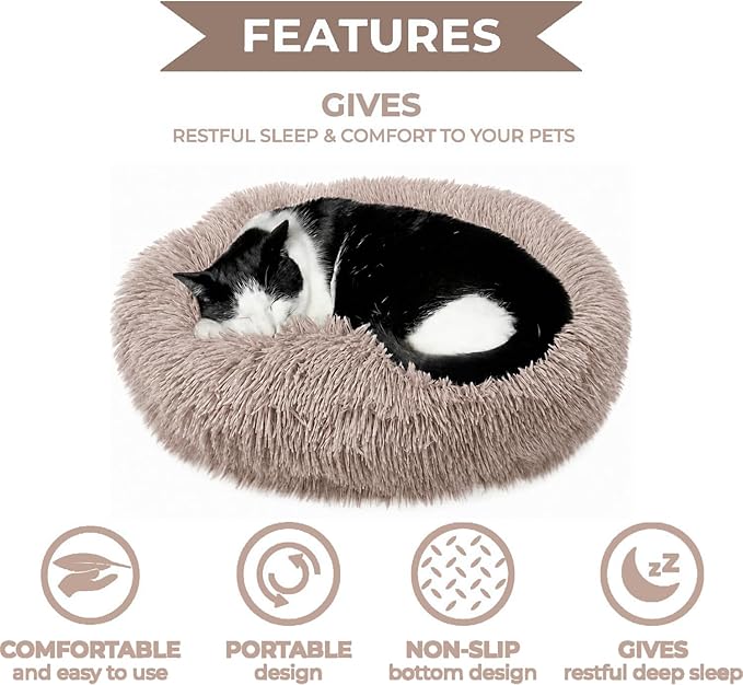 Whiskers & Friends Cat Beds for Indoor Cats, Fluffy Calming Donut Cat Bed, Small Dog Bed Washable - Orthopedic Soft Plush Pet Beds Sized for Kitten to Large Cats & Puppy to Small Dogs - Beige Brown