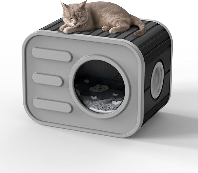 ROJIK Cat House Outdoor Cat Bed Weatherproof,Plastic Insulated Feral Shelter with Elevated Floor,Stackable Pet House Wave for Bedroom Yard and Patio,Easy to Assemble,Versatile(Black,with Cusion)