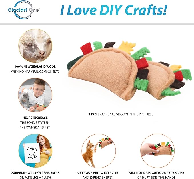 Glaciart One Felt Taco Cat Toys with Catnip | 2 Pcs Cute Cat Toy for Interaction & Boredom Relief, Encourages to Exercise, Explore & Play | Filled w/Organic Catnip to Help Sooth or Reduce Anxiety