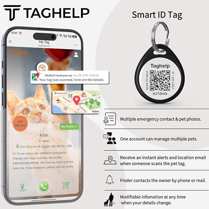 Reflective Cat Collar Breakaway with QR Code Tag for Girl Boy cat Name tag Kitten Collars with Bell Cat ID Tag Personalized Real-time scan alerts. (Pink)