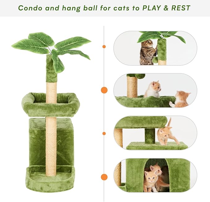 31.5" Cat Tree Tower for Indoor Cats with Green Leaves, Cat Condo Cozy Plush with Hang Ball and Leaf Shape Design, Cat Furniture Pet House with Scratching Posts, Green