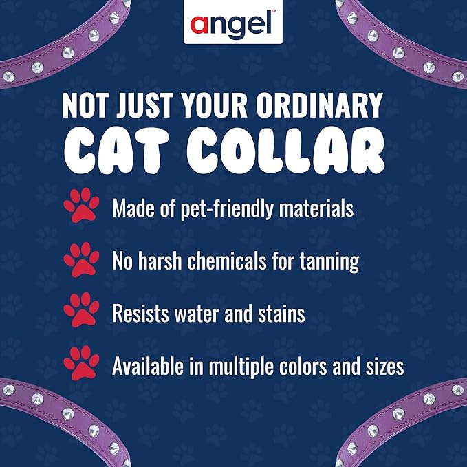 Studded Cat Collar, Genuine Leather Kitten Collar, Sturdy Breakaway Cat Collar with Bell and Elastic Stretch,Cat Accessories, Orchid Purple, 12 x 1/2 inches - Angel Pet Supplies