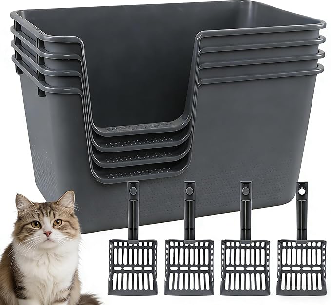 4 Pack Large Open Top Cat Litter Box with High Sides, 24.56" x 15.11" x 12.71" Multi Cat Litter Pan for Kitty, Gray