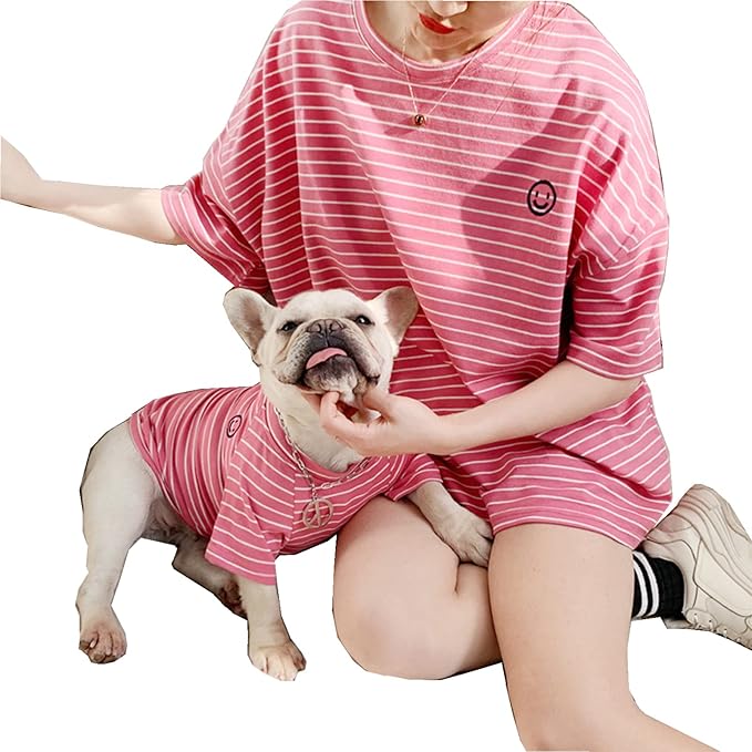 Matching Dog and Owner Clothes,Pink Striped Women Shirt Short Sleeve,Cotton Women Summer Shirt Crewneck,Casual Summer Tops Loose Fit(Owner S)