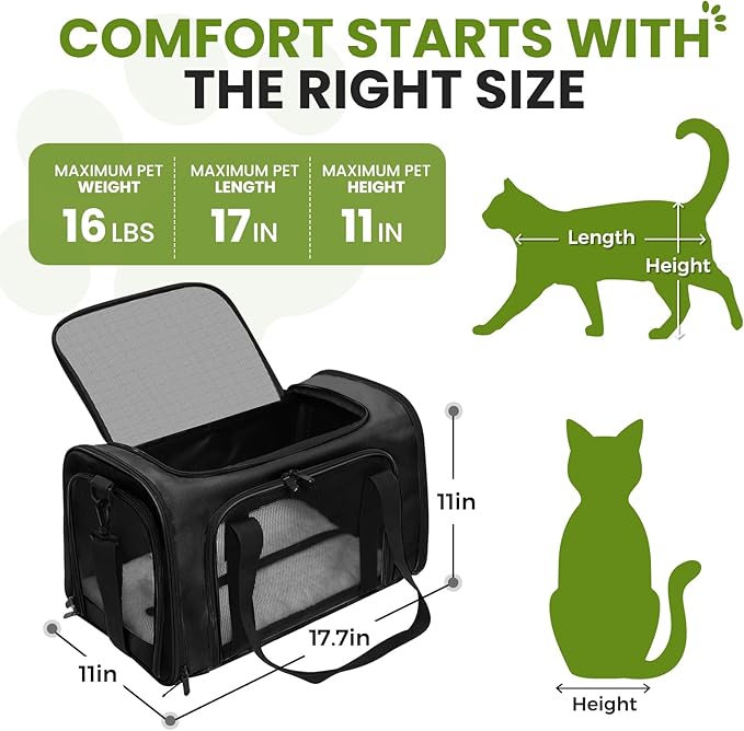 Soft-Sided Cat Carrier Expandable Pet Carrier Airline Approved Mesh Travel Carrier Up to 15lbs for Cats Small Dogs Collapsible Escape-Proof with Shoulder Strap (18x11x11 Black)