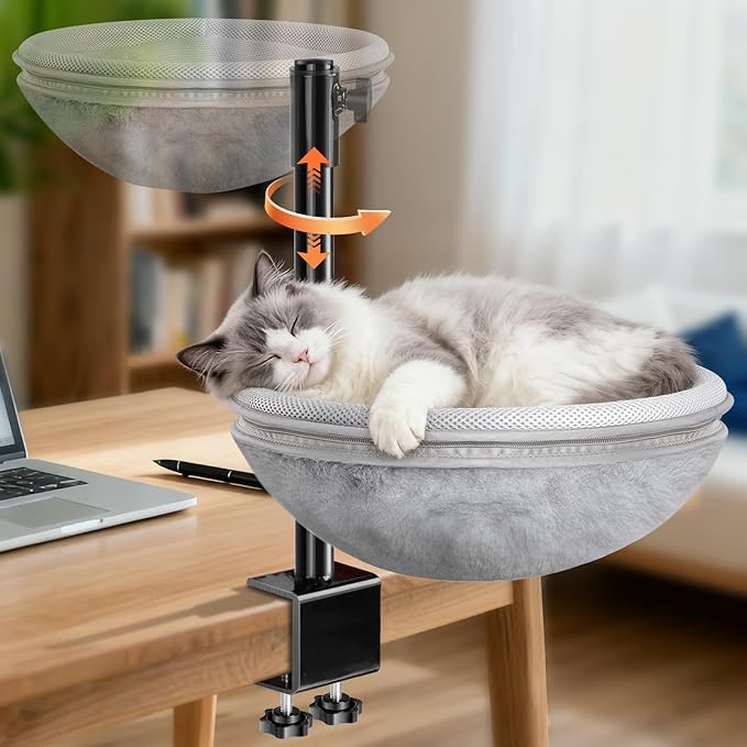 Cat Bed for Desk, Cat Desk Bed with 360° Rotating & Height Adjustable, Removable Dual-Sided Breathable & Comfortable Kitten Bed, Desk Cats Bed Attachment for Indoor Office