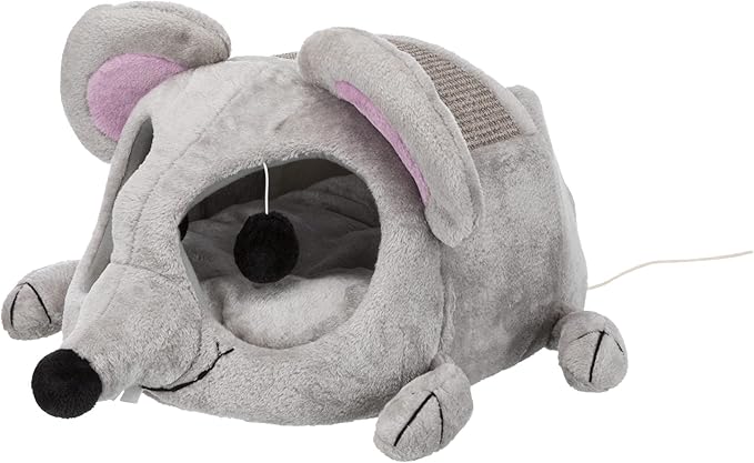 TRIXIE Lukas Cuddly Cave in Gray - Mouse-Shaped Cat Hideaway with Sisal Scratching Surface, Crinkle Ears & Interactive Cat Toys for Indoor Cats – Plush Condo, Removable Cush. 13.8" × 25.6" × 13", Gray