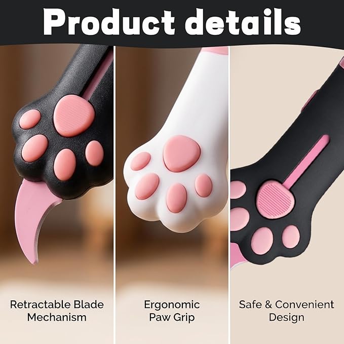Pink and Black Two-Pack，Cat Paw Box Cutter, Retractable Cat Claw Box Cutter, Stainless Steel Blade for Package Opening