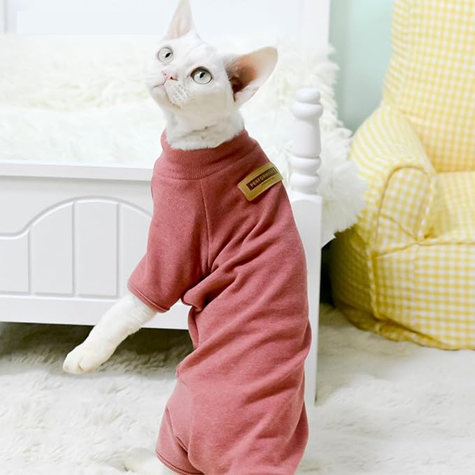 Sphynx Cat Sweater –Hairless Cats Shirt Pullover Kitten T-Shirts with Belly-Wrap Protection, Soft-Stretch Winter Clothes for Hairless Cats, Indoor Kitten Apparel (Red, X-Large)