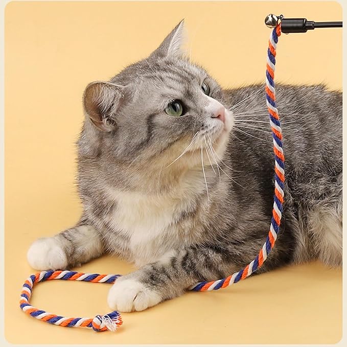 KABASI 3PCS Cat String Wand Toys, Colorful Interactive Cats Teaser Wand with Bell, Plush Srtip Teaser Toy Cat Rope Stick for Indoor Kitten Having Fun Exerciser Playing